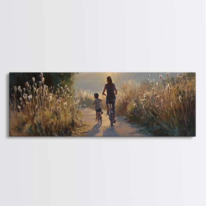 Sunlit Mother And Child Biking Path Framed Canvas Print, Golden Meadow Landscape, Living Room Wall Art, Housewarming Gift