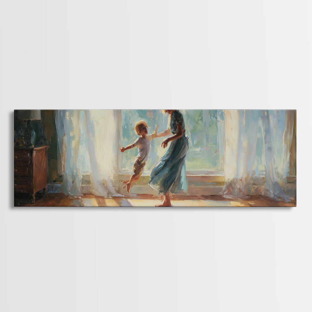 Mother And Child Dancing In Sunlit Room Canvas Print, Warm Window Light, Family Wall Decor, Bedroom Art, Gift For Her, Home Decor
