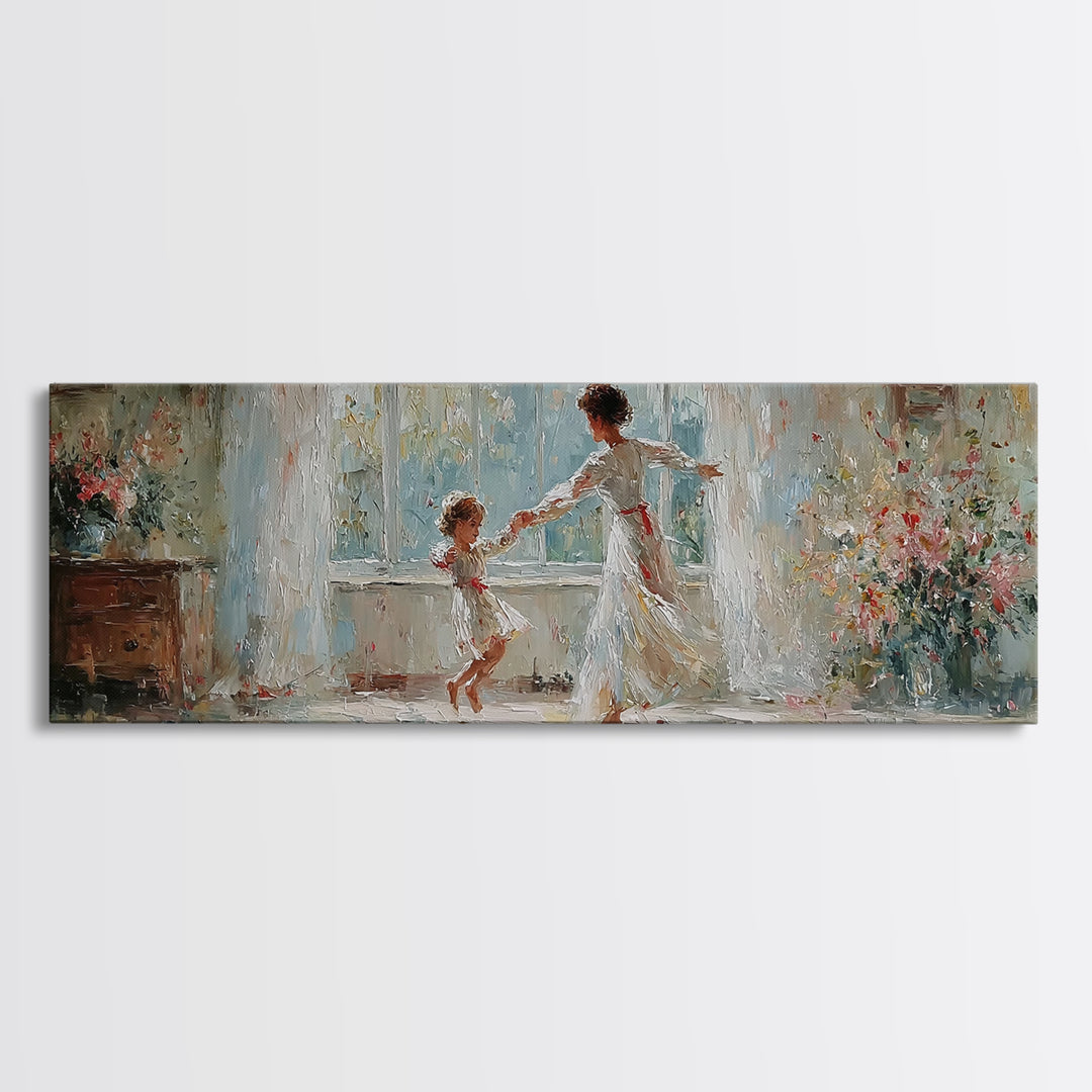 Mother And Daughter Dancing In White Dress Wall Art, Floral Window Interior, Feminine Wall Decor, Fine Art Print, Bedroom Decor