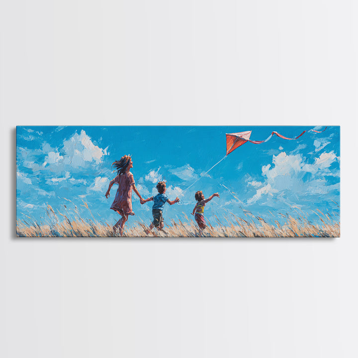 Children Flying Red Kite In Sunny Meadow Wall Art, Whimsical Nursery Decor, Kids Room Art, Summer Landscape Print, Home Decor