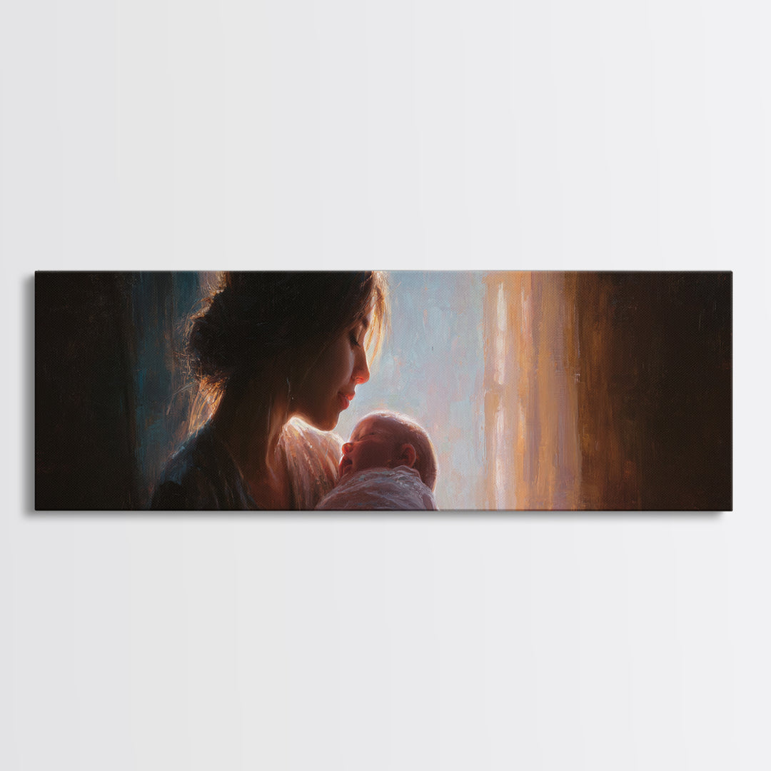 Mother Holding Newborn By Window Wall Art, Tender Motherhood Canvas Print, Baby Nursery Decor, Gift For Mom, Fine Art Print