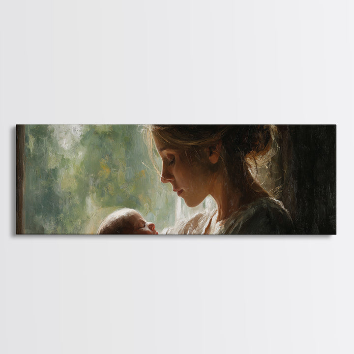 Mother Gazing At Newborn Near Window Framed Canvas Print, Soft Motherhood Wall Art, Baby Nursery Decor, Gift For Mom, Fine Art Print