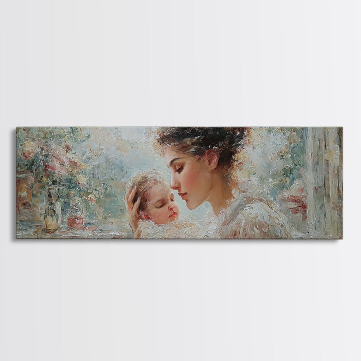 Mother Cuddling Sleeping Baby Near Window Wall Art, Impressionist Motherhood Canvas Print, Floral Nursery Decor, Gift For Mom