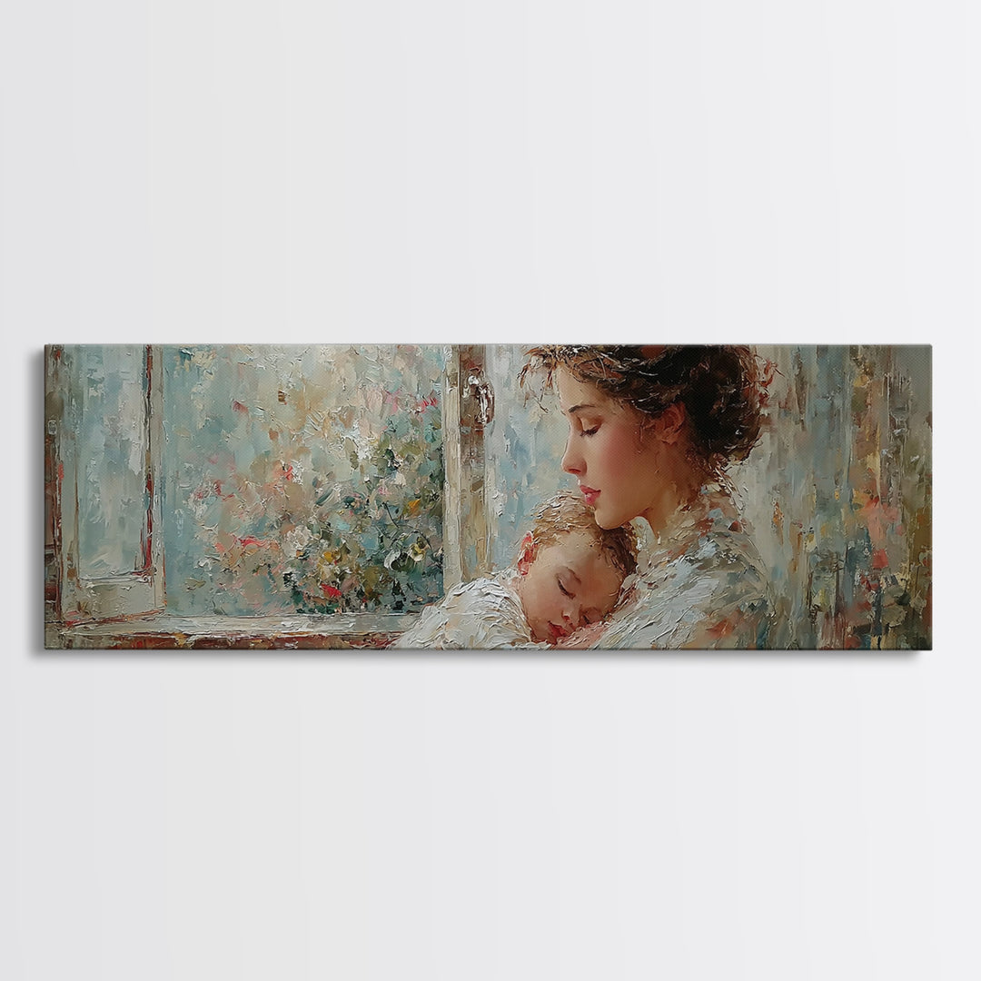 Mother Holding Sleeping Baby By Floral Window Framed Canvas Print, Tender Nursery Wall Art, Motherhood Decor, Gift For Mom