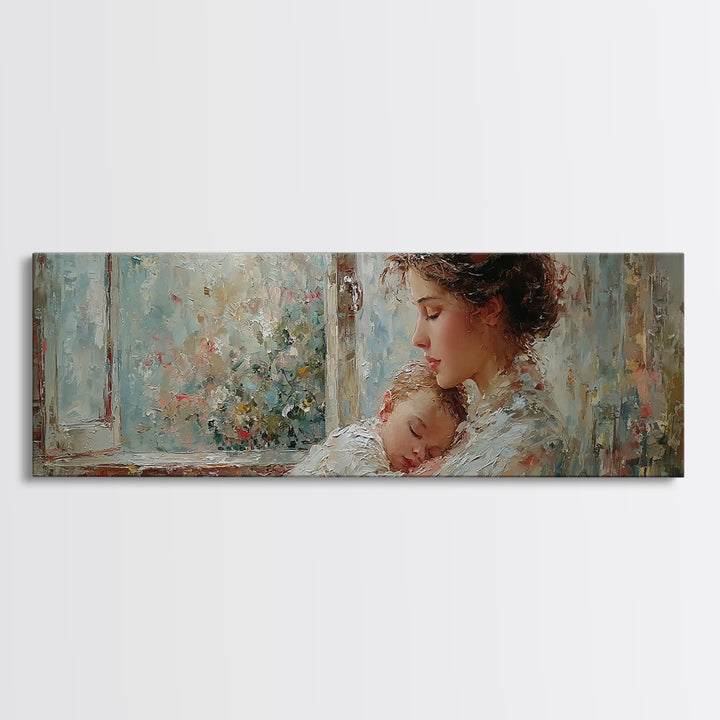Mother Holding Sleeping Baby By Floral Window Framed Canvas Print, Tender Nursery Wall Art, Motherhood Decor, Gift For Mom