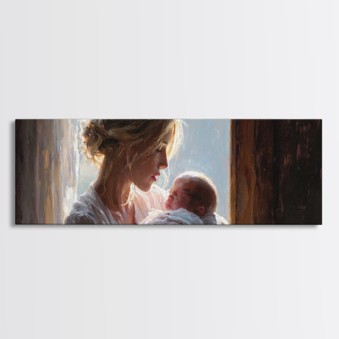 Mother Cradling Newborn In Golden Window Light Wall Art, Tender Motherhood Canvas Print, Baby Nursery Decor, Gift For Mom