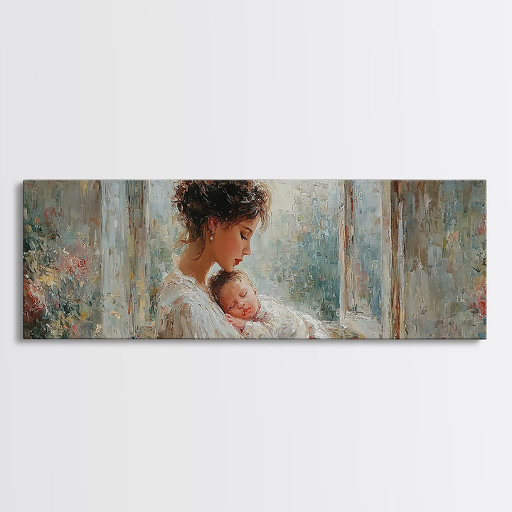 Mother And Sleeping Baby In Floral Window Canvas Print, Soft Motherhood Wall Art, Nursery Decor, Gift For Mom, Fine Art Print