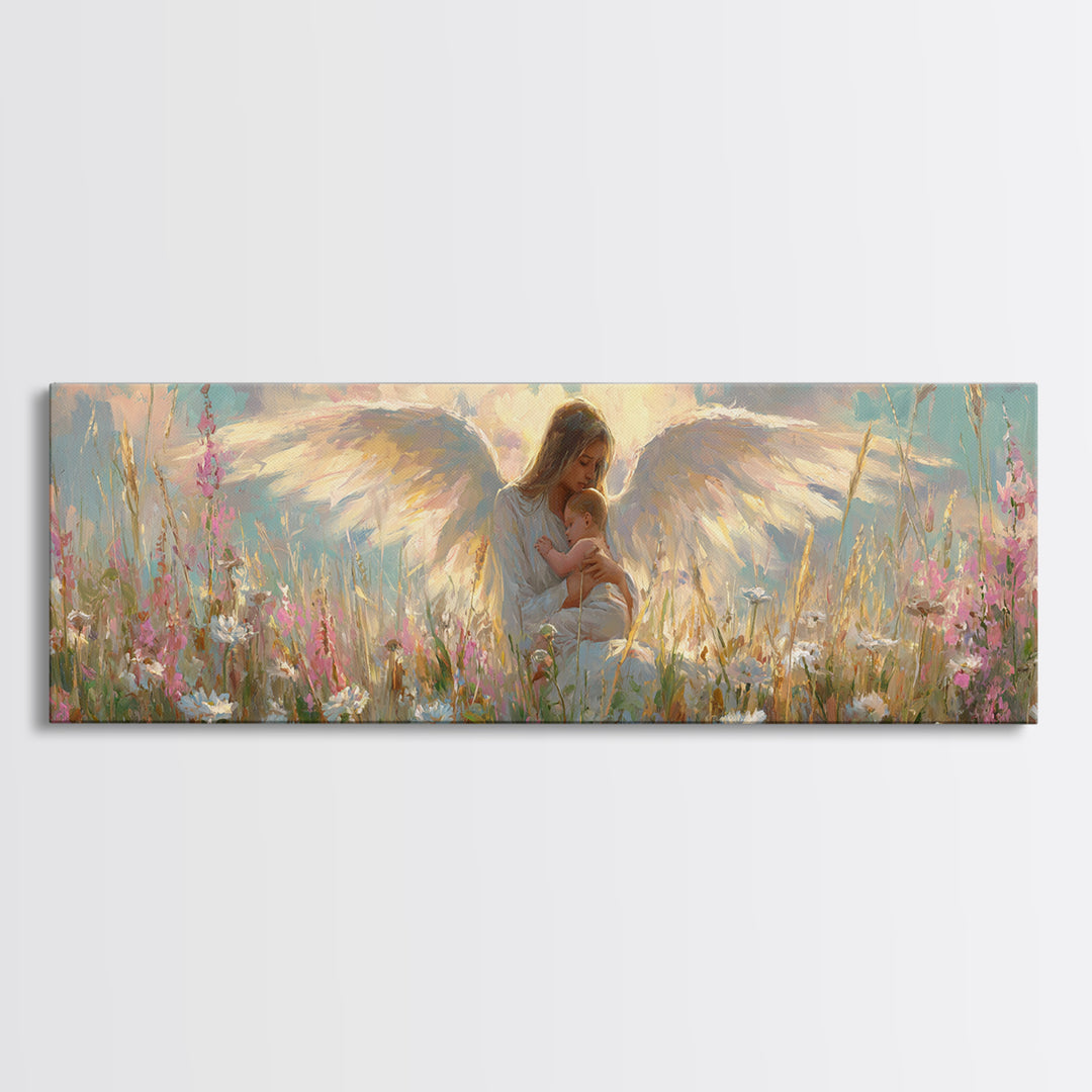 Angel Mother And Child In Wildflower Meadow Wall Art, Christian Nursery Decor, Feminine Spiritual Gift For Her, Living Room Decor