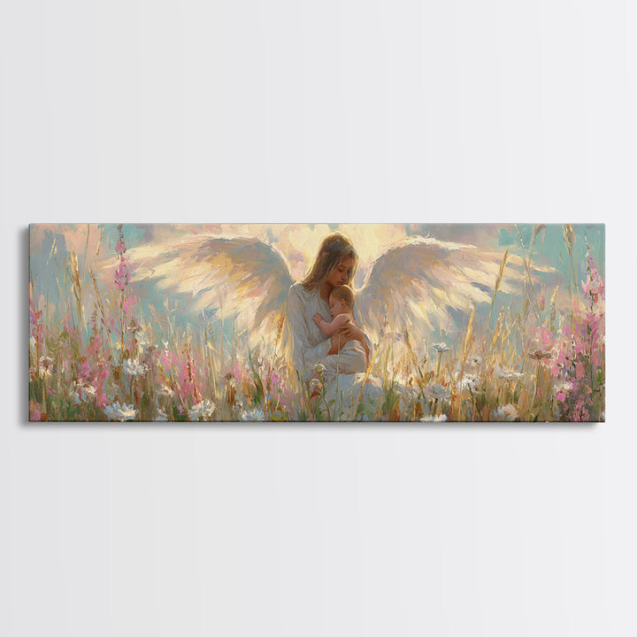 Angel Mother And Child In Wildflower Meadow Wall Art, Christian Nursery Decor, Feminine Spiritual Gift For Her, Living Room Decor