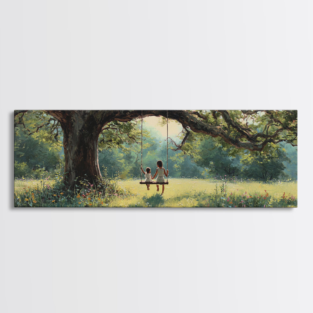 Children On Tree Swing Beneath Ancient Oak Wall Art, Whimsical Nursery Decor, Woodland Kids Room Art, Housewarming Gift Idea