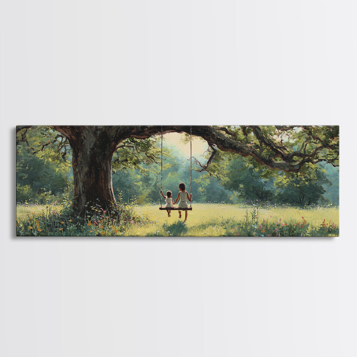 Children On Tree Swing Beneath Ancient Oak Wall Art, Whimsical Nursery Decor, Woodland Kids Room Art, Housewarming Gift Idea