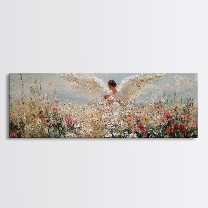 Angel Mother Holding Baby In Floral Meadow Framed Canvas Print, Christian Wall Art, Spiritual Nursery Decor, Gift For Her