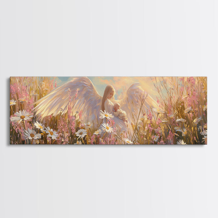 Guardian Angel Cradling Baby In Daisy Field Canvas Print, Christian Nursery Wall Art, Feminine Spiritual Home Decor, Gift For Her
