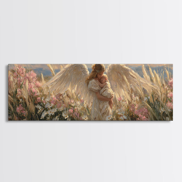 Winged Angel Mother With Newborn At Sunset Wall Art, Christian Home Decor, Romantic Bedroom Art, Housewarming Gift For Mom