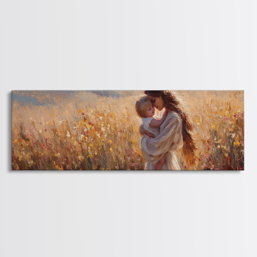 Golden Sunset Mother And Baby In Meadow Canvas Print, Romantic Wall Art, Feminine Bedroom Decor, Housewarming Gift For Her