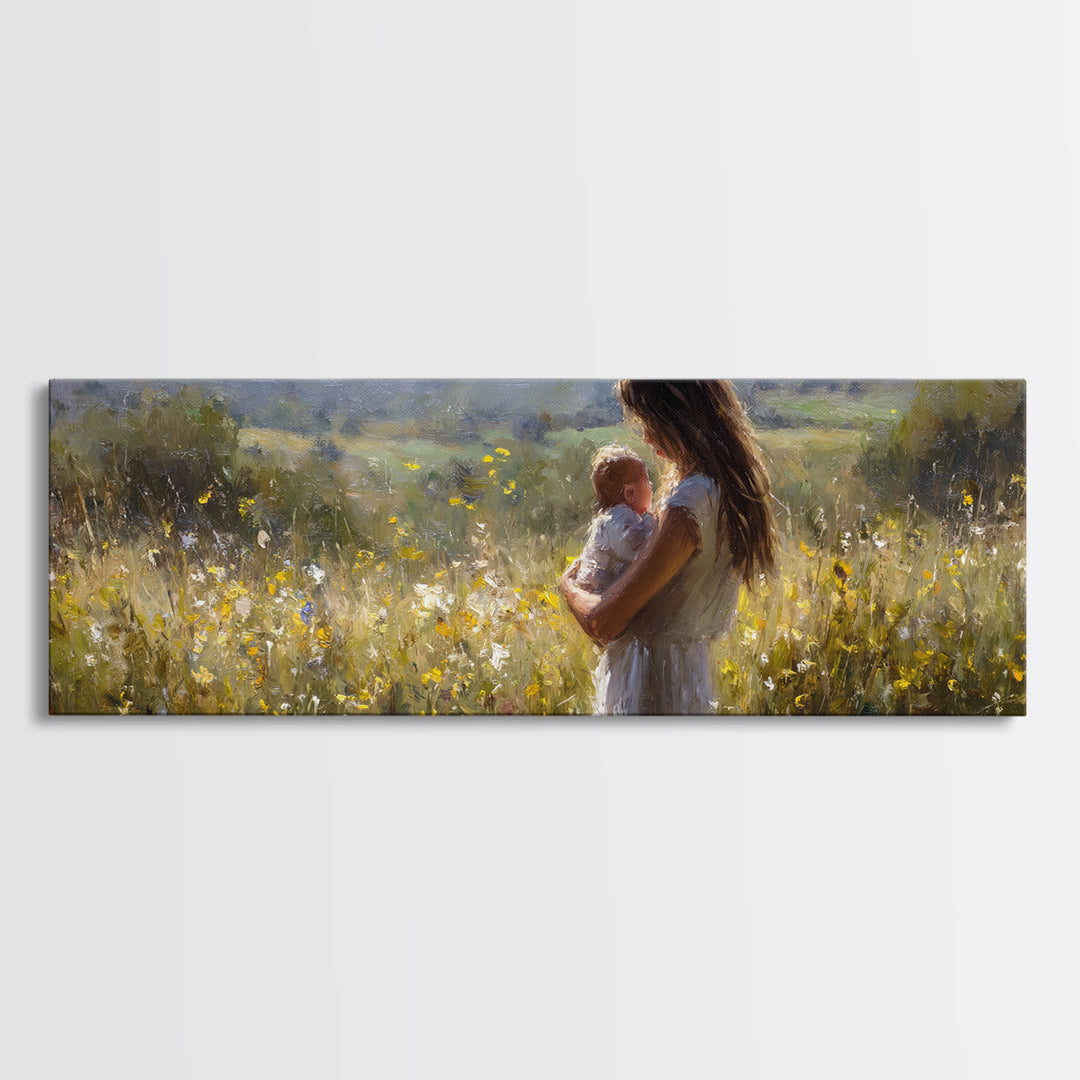 Mother And Baby In Sunlit Wildflower Meadow Wall Art, Impressionist Landscape, Nursery Decor, Gift For Mom, Above Bed Art