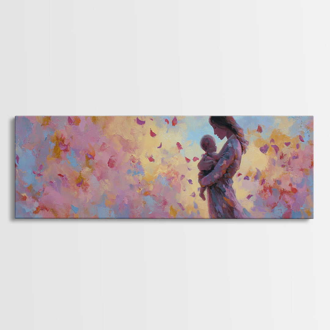 Mother Holding Baby With Pastel Butterflies Canvas Print, Colorful Nursery Wall Art, Feminine Decor, Baby Shower Gift Idea