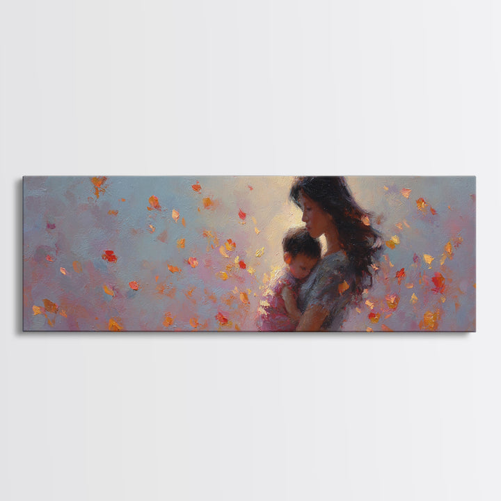 Mother And Child With Autumn Leaves Framed Canvas Print, Warm Nursery Wall Art, Feminine Home Decor, Gift For Mom And New Mom Gift