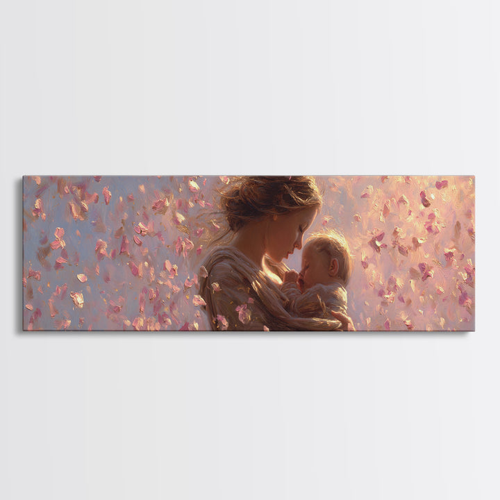 Mother And Baby In Pink Petal Light Canvas Print, Romantic Nursery Wall Art, Feminine Decor, New Mom Gift, Baby Shower Gift
