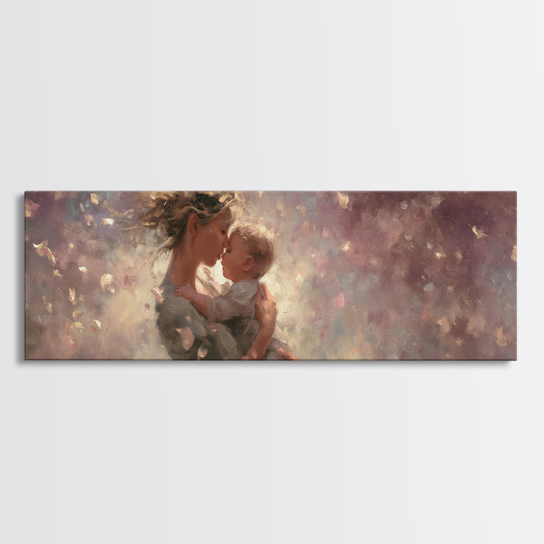 Mother And Baby Embrace In Dreamy Petals Wall Art, Impressionist Canvas Print, Romantic Nursery Decor, Gift For Mom, New Baby Gift