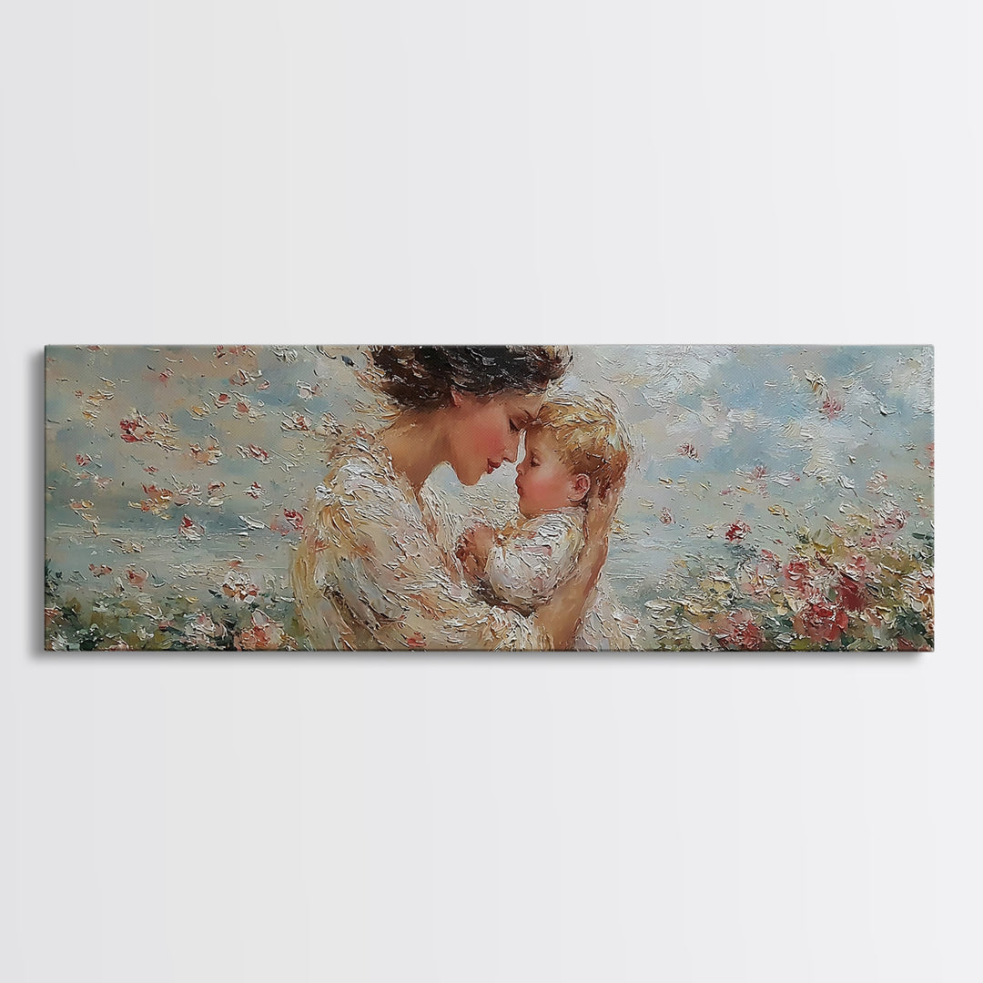 Mother Kissing Baby In Blue Wildflowers Framed Canvas Print, Textured Oil Painting Wall Art, Nursery Decor, New Mom Gift