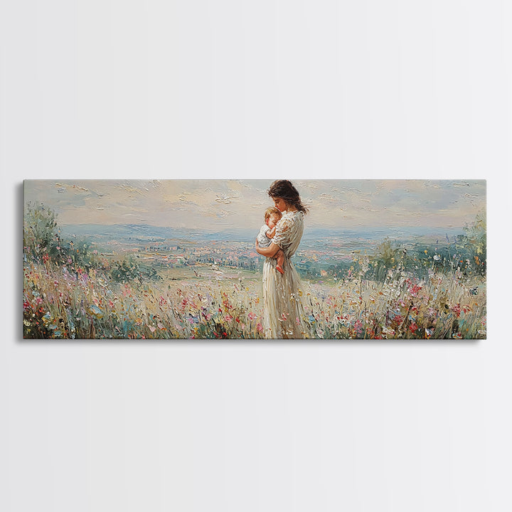 Mother Holding Baby In Hilltop Wildflower Meadow Wall Art, Panoramic Landscape Canvas Print, Nursery Decor, Gift For Mom