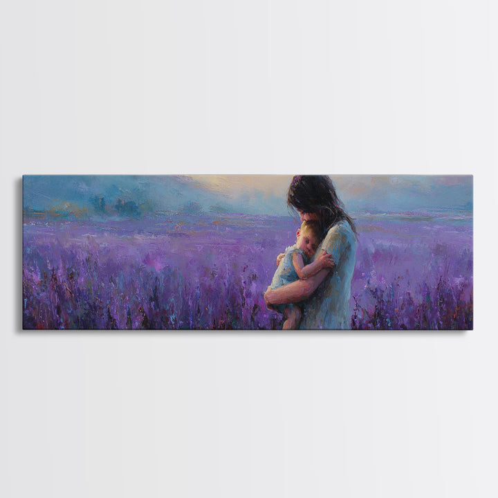 Mother And Baby In Lavender Field Canvas Print, Purple Landscape Wall Art, Calming Nursery Decor, Gift For Mom, New Baby Gift