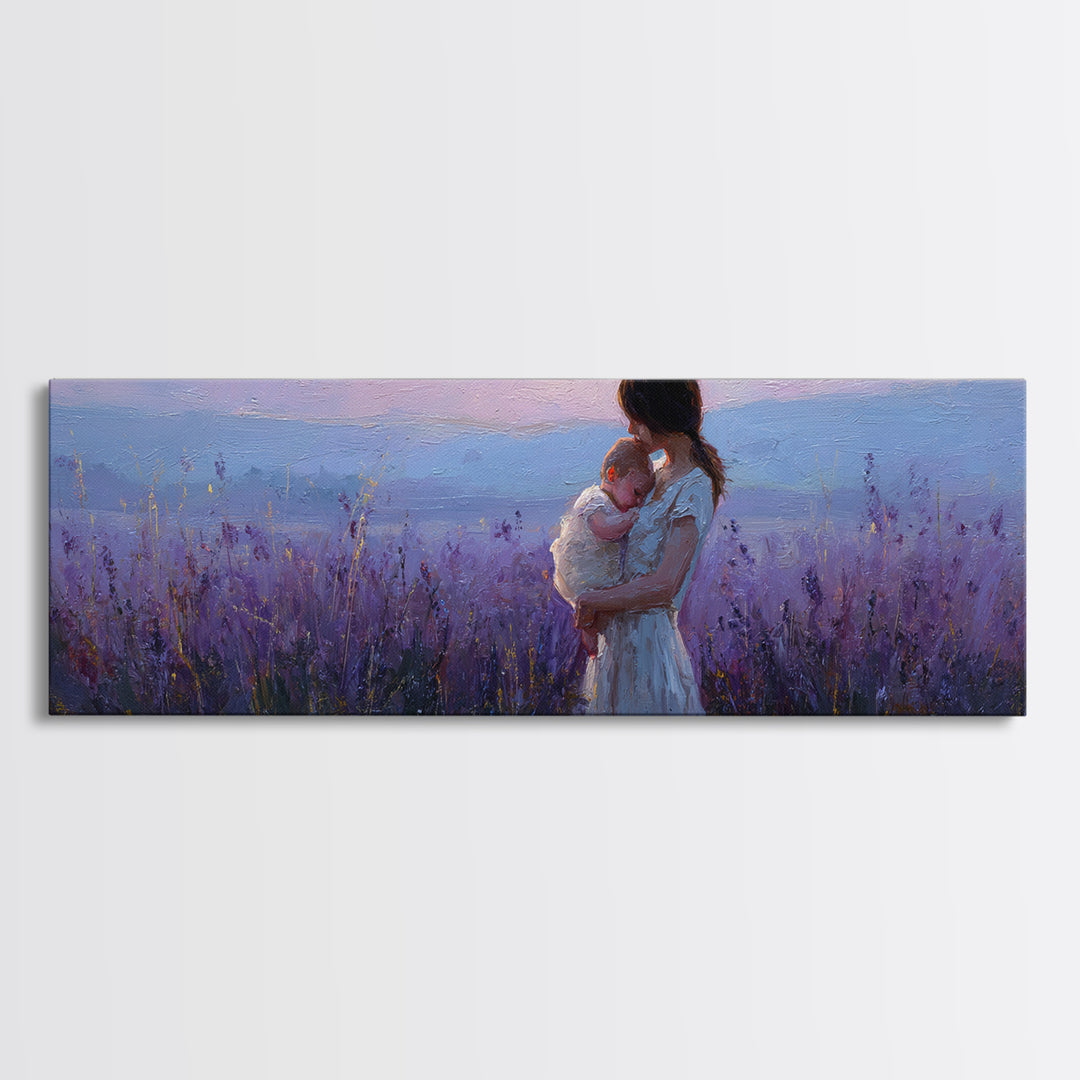 Mother Holding Baby At Lavender Sunset Wall Art, Moody Purple Landscape, Framed Canvas Print, Nursery Decor, Gift For Mom