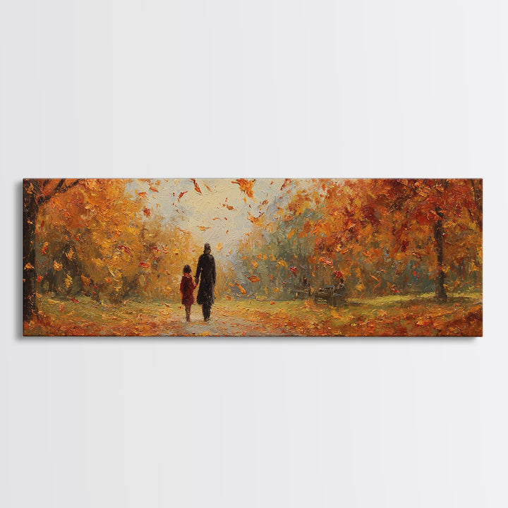 Parent And Child Strolling Golden Autumn Park Wall Art, Large Horizontal Canvas Print, Fall Landscape Decor, Housewarming Gift
