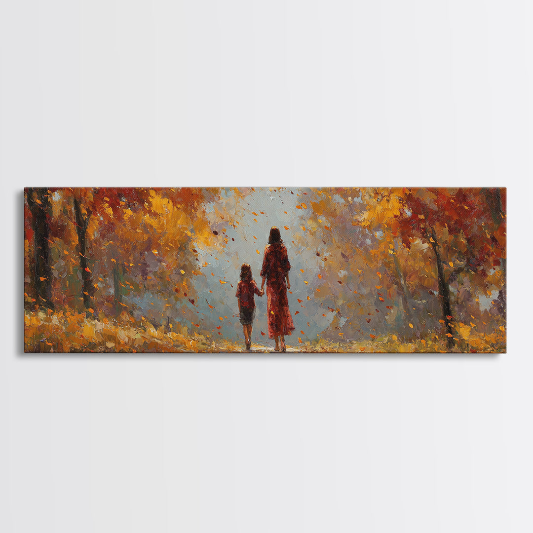 Mother And Daughter On Sunlit Autumn Path Wall Art, Warm Fall Landscape Canvas Print, Cozy Bedroom Decor, Gift For Her, Home Decor