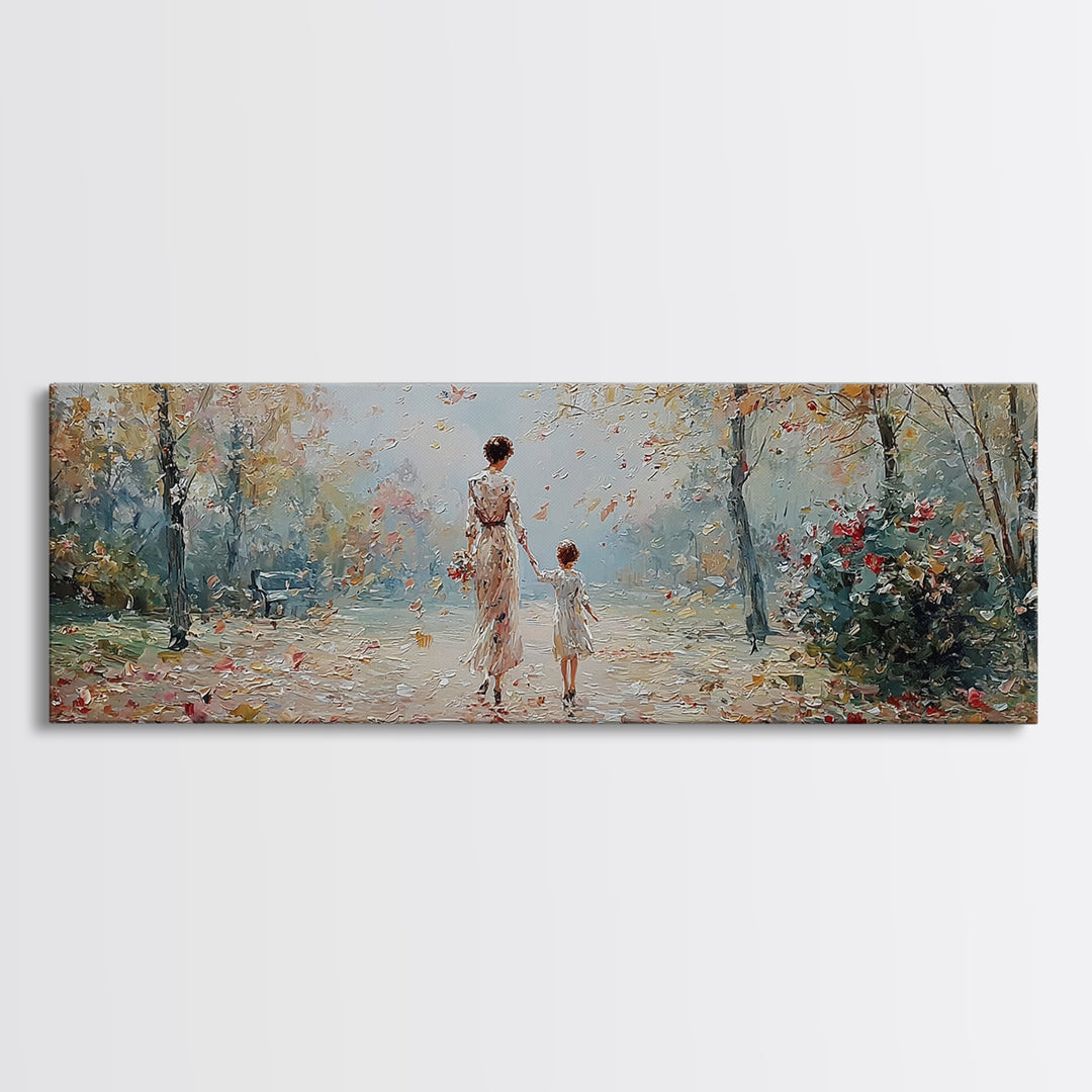 Mother And Child Walking In Soft Autumn Light Wall Art, Impressionist Canvas Print, Tranquil Landscape Decor, Gift For Mom
