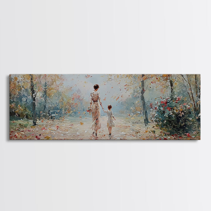 Mother And Child Walking In Soft Autumn Light Wall Art, Impressionist Canvas Print, Tranquil Landscape Decor, Gift For Mom