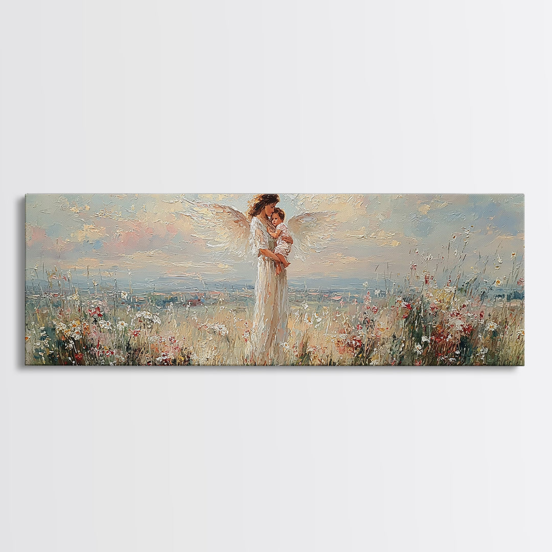 Mother Holding Baby In Blooming Meadow Wall Art, Panoramic Canvas Print, Floral Nursery Decor, Gift For Mom, Above Bed Art