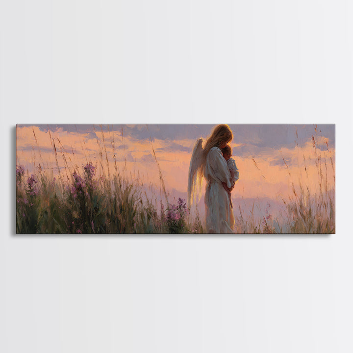 Guardian Angel Holding Child At Sunset Wall Art, Spiritual Framed Canvas Print, Christian Nursery Decor, Baby Gift, Home Decor
