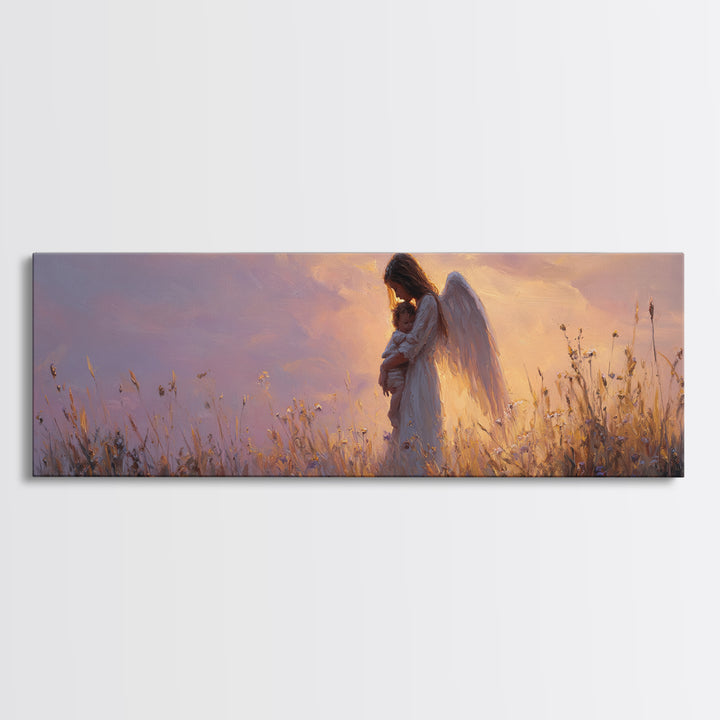 Guardian Angel Cradling Child In Golden Meadow Wall Art, Celestial Canvas Print, Spiritual Nursery Decor, Christian Gift