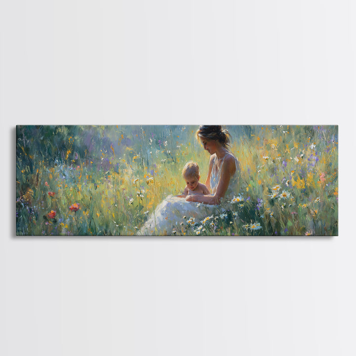 Sunlit Mother And Baby Meadow Wall Art, Impressionist Wildflower Landscape Print, Nursery Decor, Above Bed Canvas Home Decor