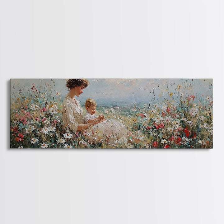 Mother And Child By The Sea Framed Canvas Print, Impressionist Wildflower Meadow, Coastal Nursery Wall Decor, Gift For Her