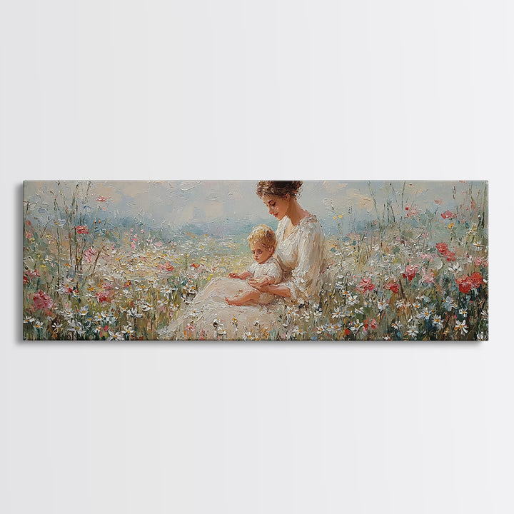 Sunlit Mother And Baby Wildflower Canvas Print, Impressionist Meadow Landscape, Feminine Nursery Wall Art Home Decor, Gift For Her