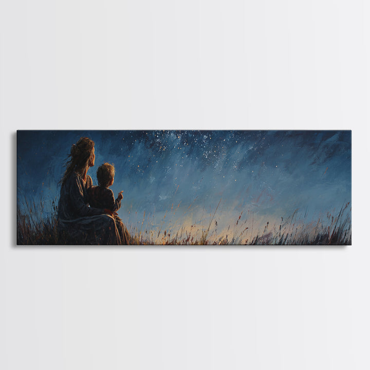 Mother And Child Under Starry Sky Wall Art, Moody Night Meadow Painting, Celestial Nursery Decor, Blue Bedroom Art, Gift For Mom