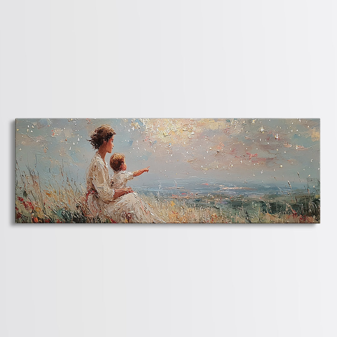 Mother And Child Pointing At Sunlit Sky Framed Canvas Print, Wildflower Meadow Landscape, Nursery Wall Art, Gift For Her