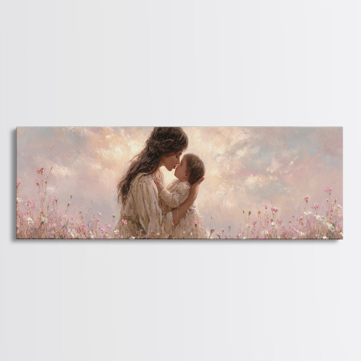 Tender Mother And Baby Kiss Canvas Print, Soft Pink Wildflower Meadow Painting, Nursery Wall Art, Feminine Home Decor, Gift For Mom