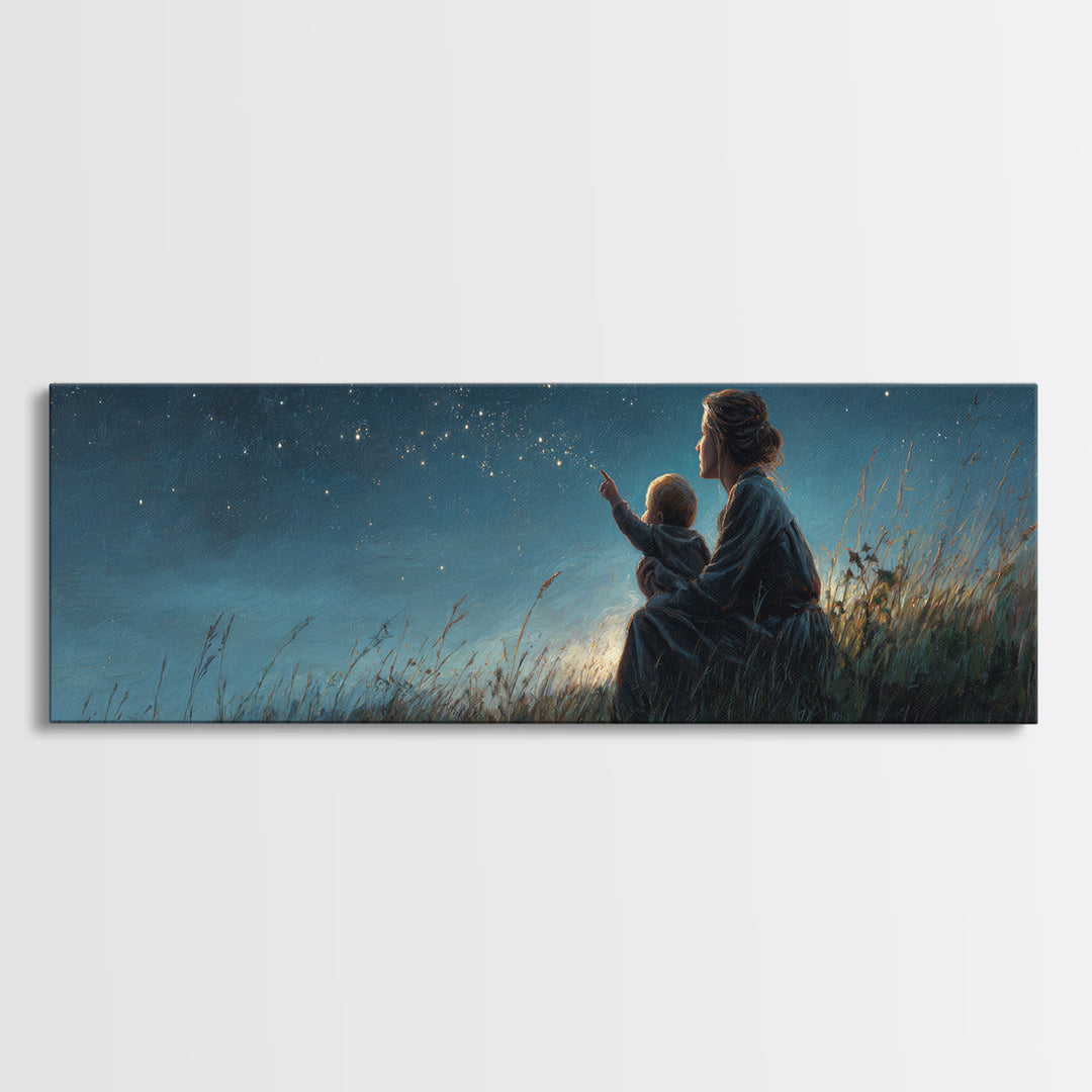 Mother And Child Stargazing Canvas Print, Blue Night Meadow Wall Art, Celestial Nursery Decor, Above Bed Art, Gift For Mom