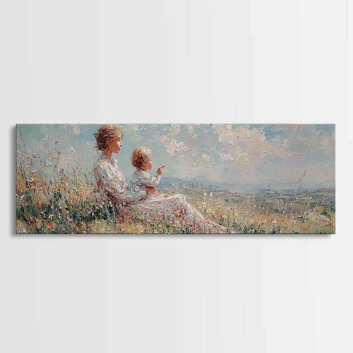 Mother And Child On Sunny Hill Framed Canvas Print, Impressionist Wildflower Landscape, Panoramic Wall Art, Nursery Decor