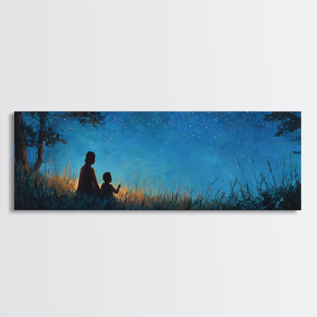 Silhouette Mother And Child Under Stars Wall Art, Moody Blue Night Landscape, Celestial Nursery Decor, Rustic Home Decor