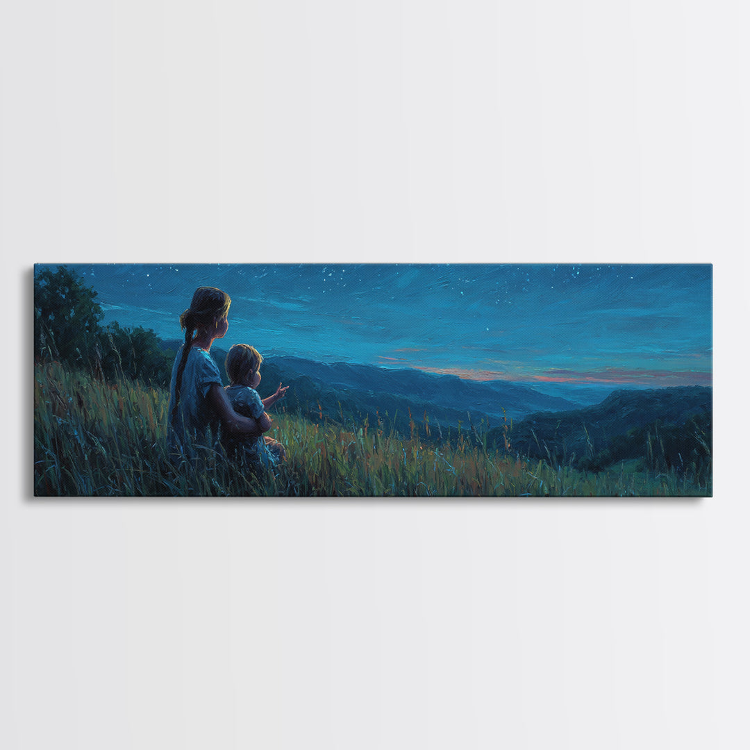 Mother And Child Over Moonlit Valley Canvas Print, Starry Blue Mountain Landscape Wall Art, Above Bed Decor, Gift For Her