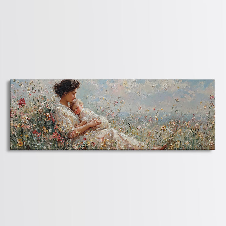 Mother And Baby In Wildflower Meadow Wall Art, Impressionist Nursery Decor, Floral Canvas Art, Gift For Mom, Bedroom Decor