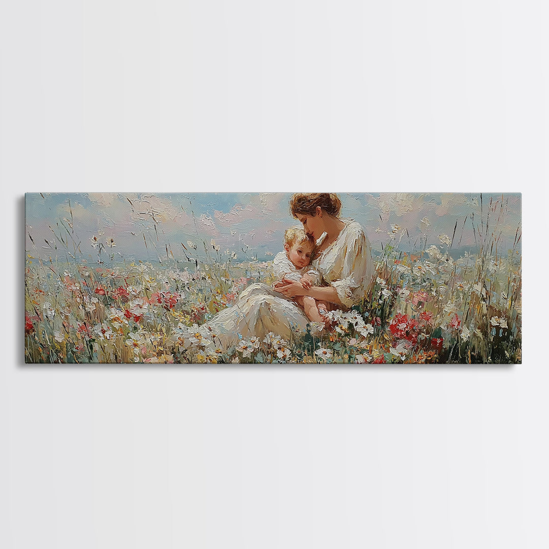 Mother And Child In Sunlit Flower Field Framed Canvas Print, Impressionist Nursery Wall Decor, Floral Art, Gift For Mom