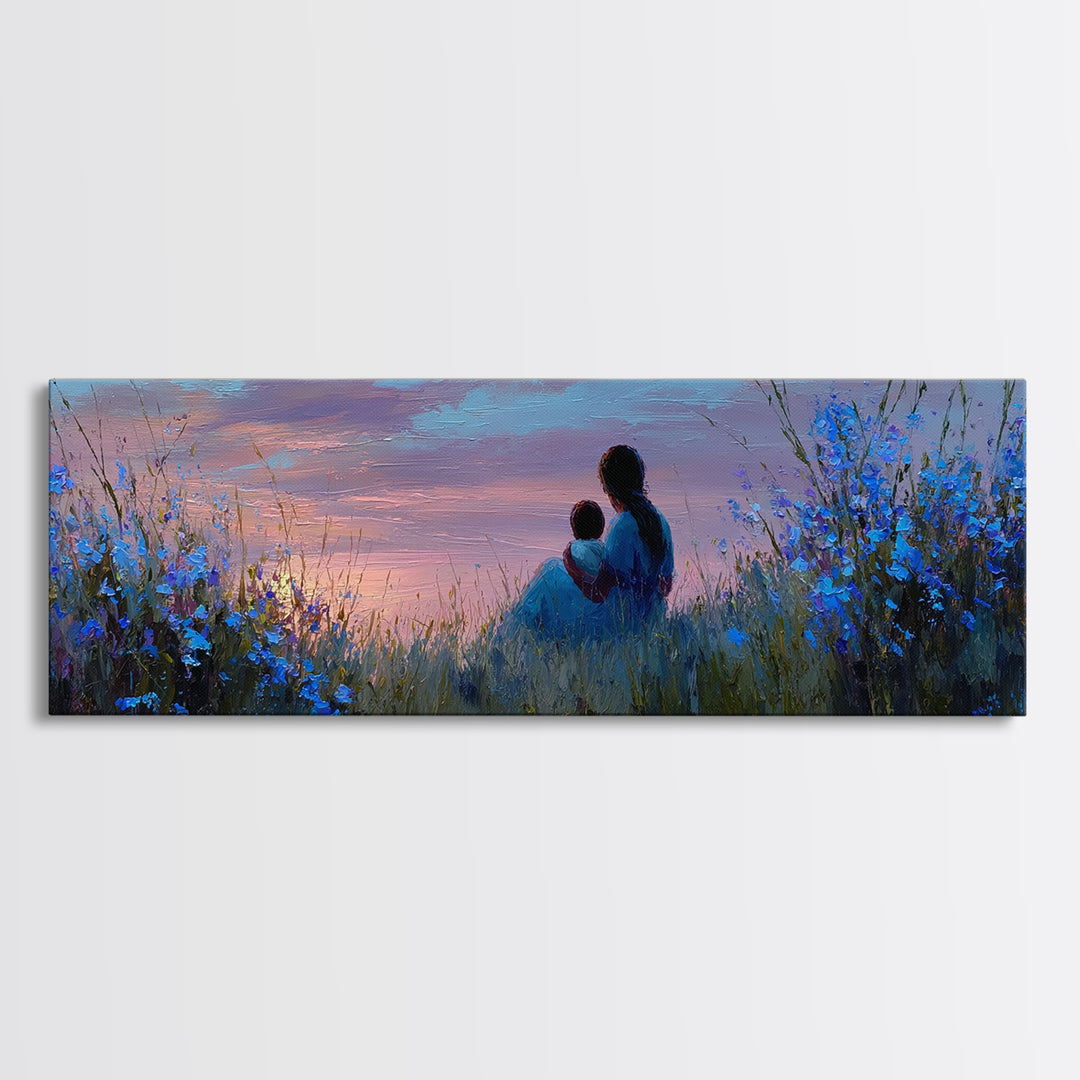 Mother And Child Silhouette At Sunset Canvas Print, Blue Meadow Wall Decor, Calming Nursery Art, Romantic Bedroom Wall Art