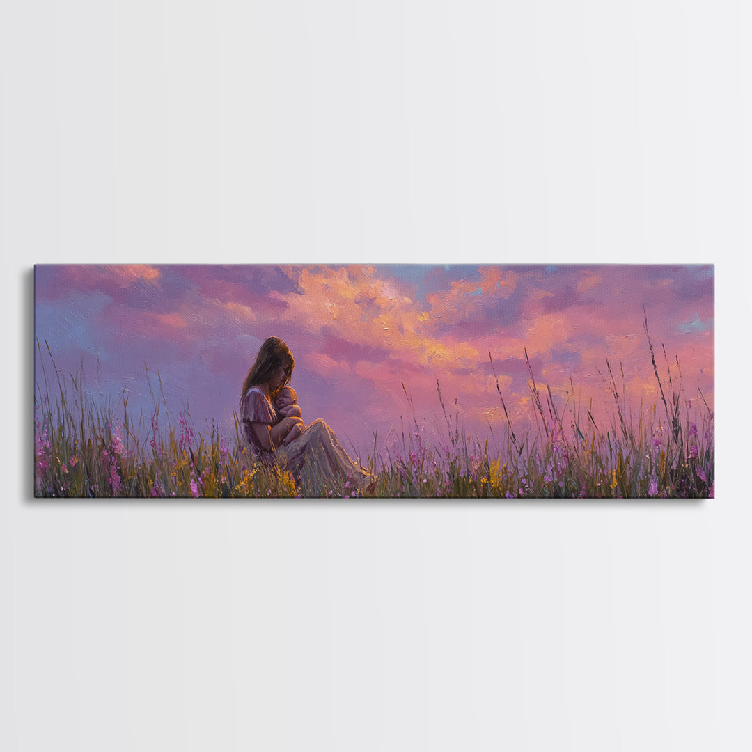 Expectant Mother In Twilight Wildflower Meadow Wall Art, Pink Sunset Canvas Print, Feminine Nursery Decor, Gift For New Mom