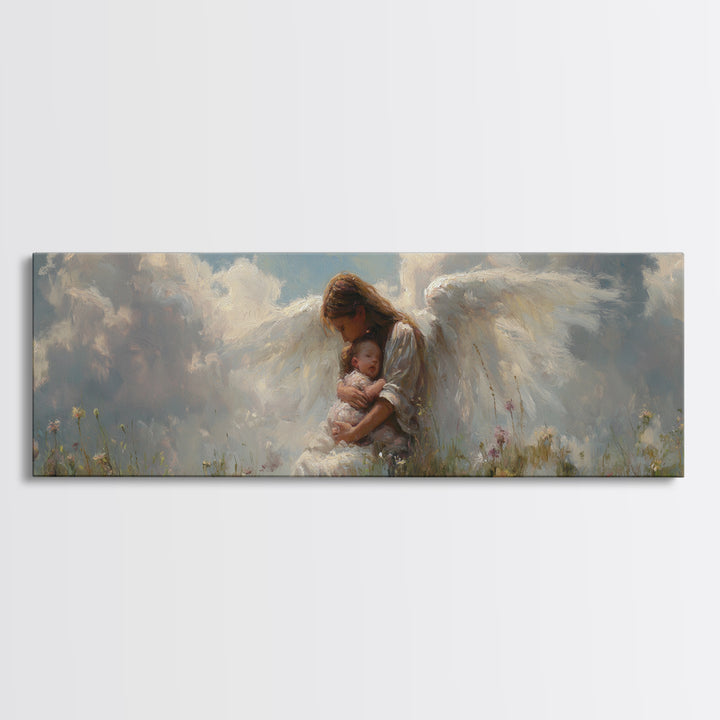 Angel Mother Cradling Baby In Cloudy Meadow Framed Canvas Print, Spiritual Nursery Wall Decor, Ethereal Art, Gift For Mom